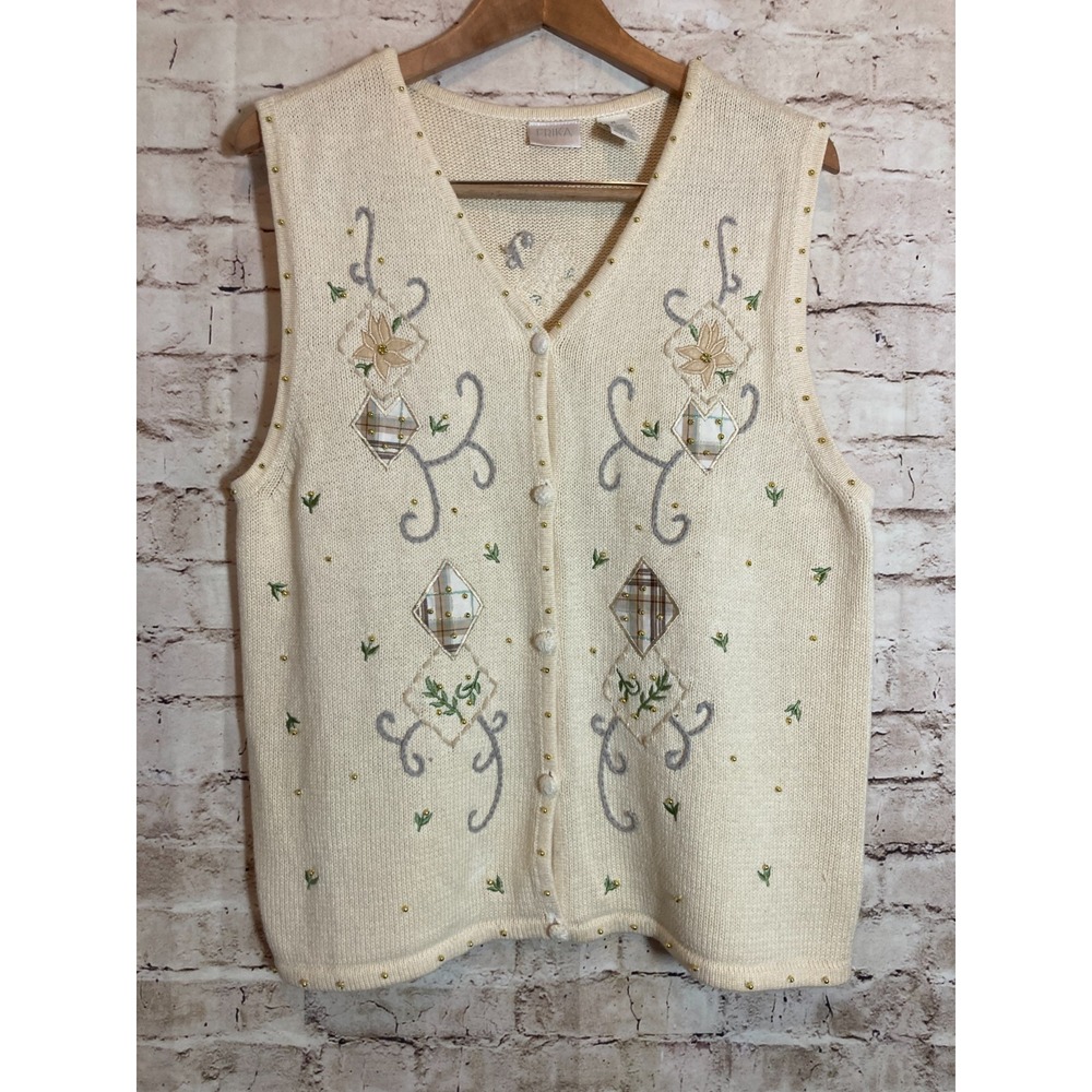 Vintage Erika Sweater Vest Womens XL Ivory Cream Hand Embroidered Beaded Ramie‎